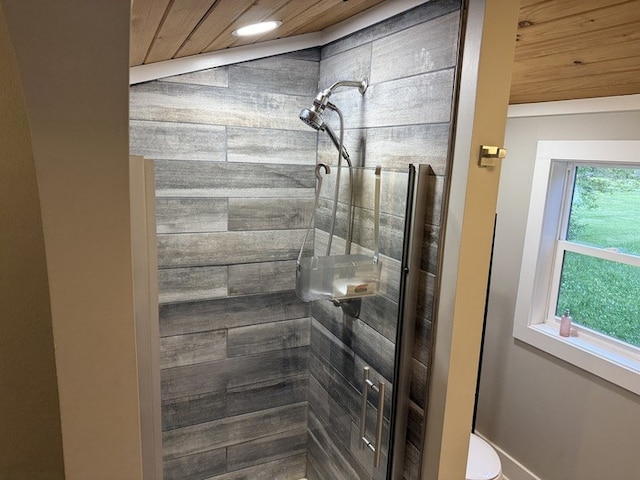 303 E Glenwood Ave, Olney, IL 62450 - bathroom with a shower stall, wood ceiling, recessed lighting, baseboards, and toilet