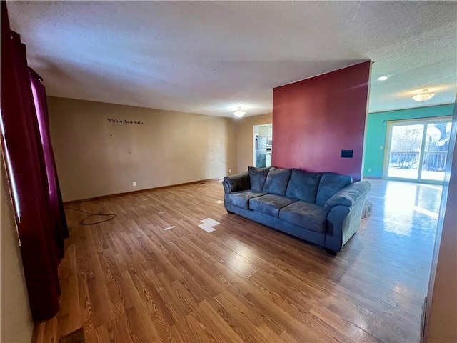 living room with wood-type flooring and a textured ceiling