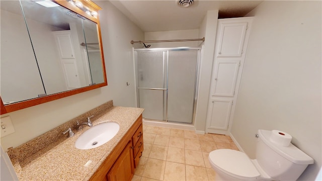 full bathroom with vanity, visible vents, a shower stall, tile patterned floors, and toilet