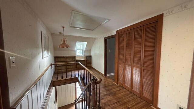 3728 N Lake Blvd, Danville, IL 61832 - hallway with an upstairs landing, wood finished floors, and attic access