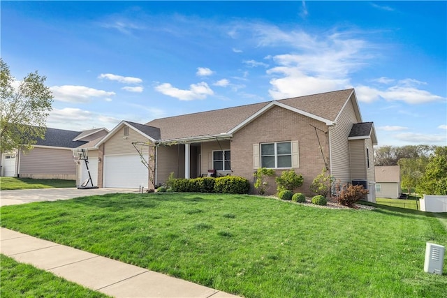 ranch-style home featuring a front lawn, brick siding, a shingled roof, an attached garage, and driveway