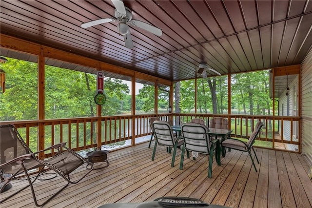 unfurnished sunroom featuring ceiling fan