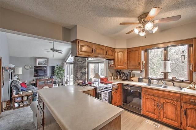 kitchen with black dishwasher, brown cabinetry, open floor plan, stainless steel stove, and a sink