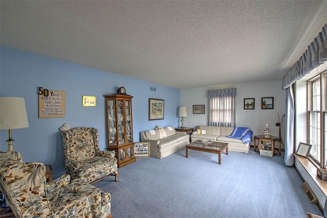 living area with carpet, visible vents, and a textured ceiling