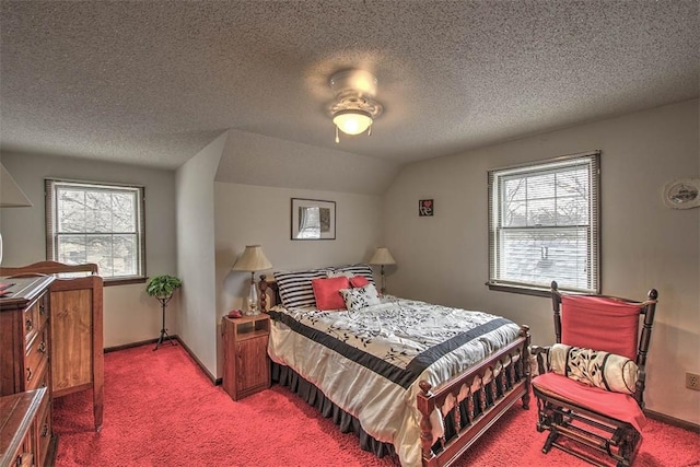 bedroom with light colored carpet, vaulted ceiling, baseboards, and multiple windows