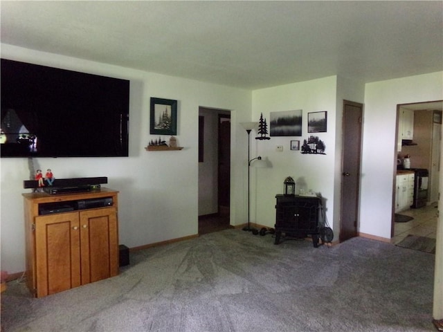 210 Kennedy Ave, Pana, IL 62557 - living area featuring light colored carpet, a wood stove, and baseboards