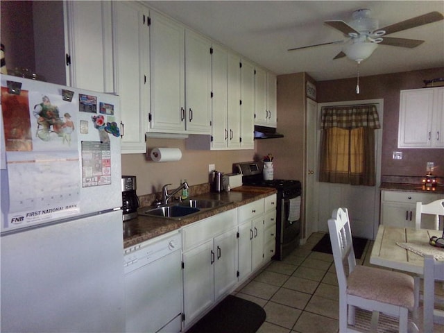 210 Kennedy Ave, Pana, IL 62557 - kitchen with white appliances, a sink, ceiling fan, white cabinets, and dark countertops