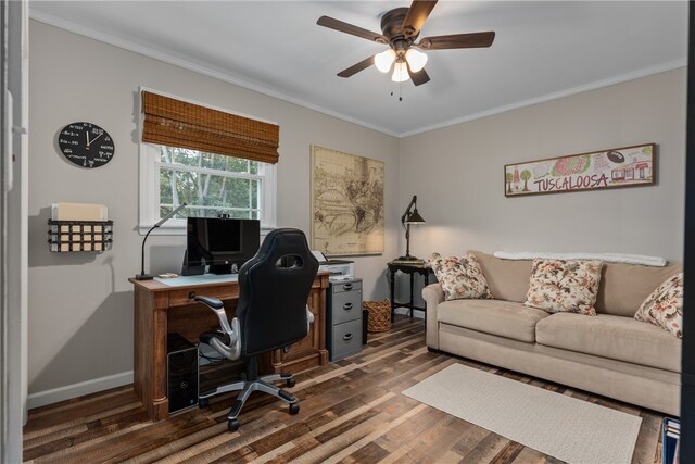 home office with ceiling fan, ornamental molding, and dark wood-type flooring