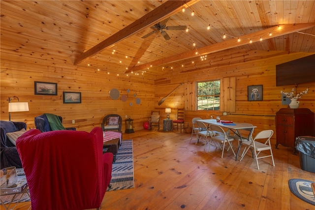 living room featuring wood ceiling, wooden walls, lofted ceiling with beams, and light wood-type flooring