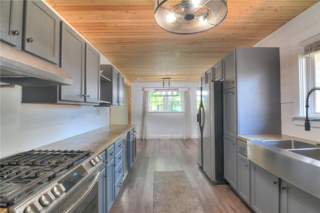 235 W Lawrence St, Illiopolis, IL 62539 - kitchen featuring appliances with stainless steel finishes, plenty of natural light, wooden ceiling, decorative backsplash, and gray cabinets