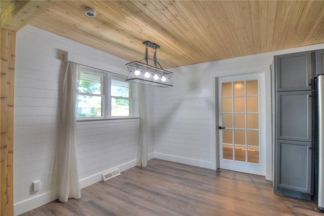 235 W Lawrence St, Illiopolis, IL 62539 - unfurnished dining area featuring wood ceiling, dark wood-style flooring, and wood walls