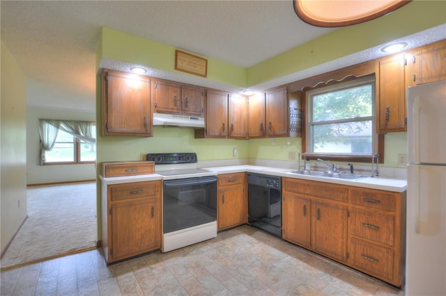 kitchen with brown cabinets, a sink, white appliances, light countertops, and under cabinet range hood