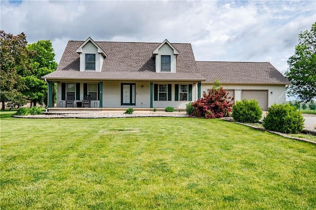 5334 Blue Mound Rd, Macon, IL 62544 - cape cod-style house with an attached garage, a front yard, a porch, and roof with shingles
