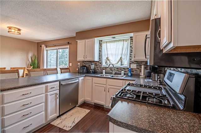 5334 Blue Mound Rd, Macon, IL 62544 - kitchen with appliances with stainless steel finishes, a sink, dark countertops, a textured ceiling, and dark wood-style flooring