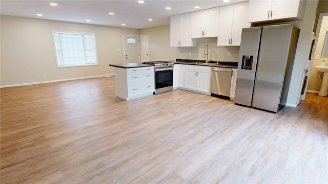 kitchen featuring a sink, white cabinetry, appliances with stainless steel finishes, and dark countertops