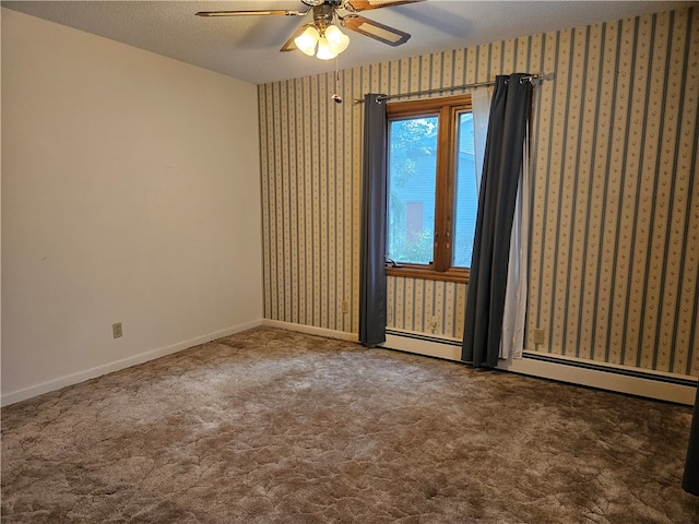 unfurnished room featuring carpet flooring, a textured ceiling, and ceiling fan