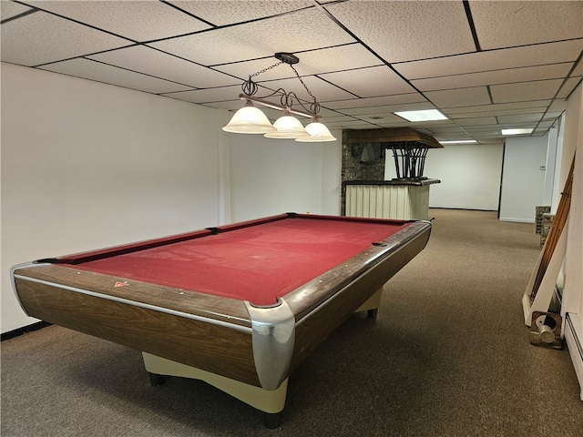 rec room featuring carpet floors, a paneled ceiling, and billiards