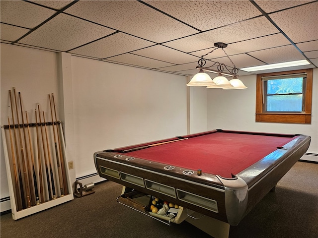 game room featuring carpet flooring, baseboard heating, a drop ceiling, and billiards