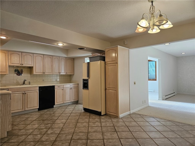 kitchen with dishwasher, white fridge with ice dispenser, hanging light fixtures, and light brown cabinetry