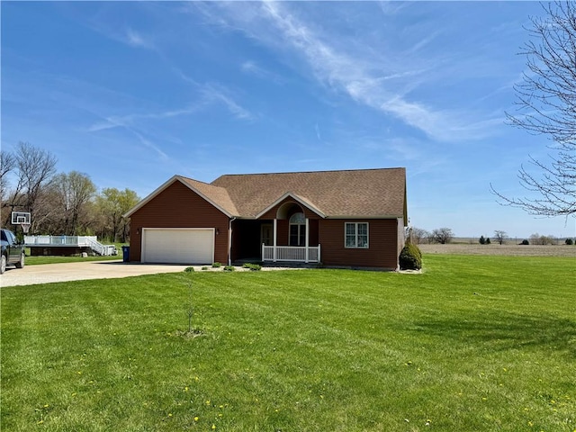 ranch-style home featuring roof with shingles, driveway, a front yard, a porch, and a garage