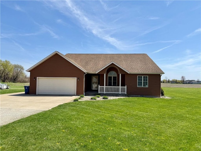 ranch-style house with driveway, an attached garage, a front lawn, a shingled roof, and covered porch