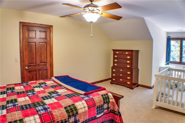 6086 Chicory Knl, Charleston, IL 61920 - bedroom featuring light carpet, vaulted ceiling, and ceiling fan