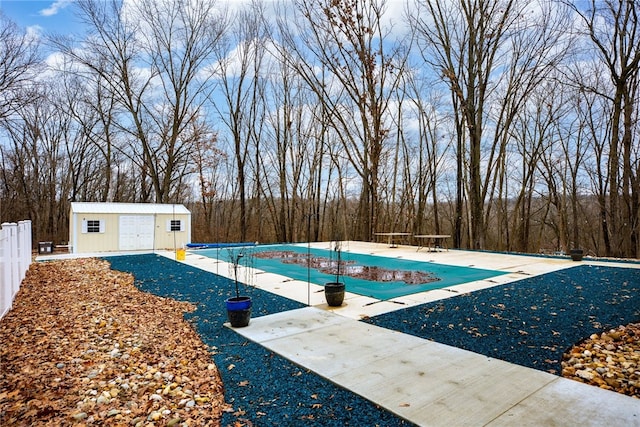 view of pool with a patio area and a storage unit