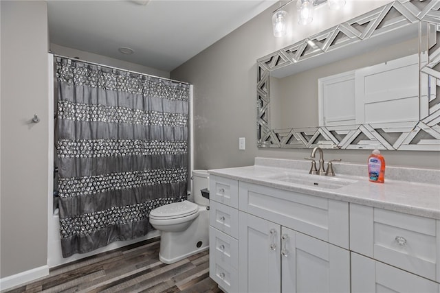 bathroom with vanity, a shower with curtain, wood-type flooring, and toilet