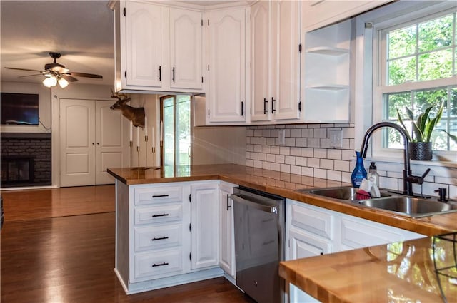 317 Hickory Ln, Mattoon, IL 61938 - kitchen featuring stainless steel dishwasher, a peninsula, plenty of natural light, and a ceiling fan