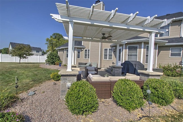 1008 Schroll Dr, Forsyth, IL 62535 - view of patio with outdoor lounge area, a pergola, a ceiling fan, and a grill