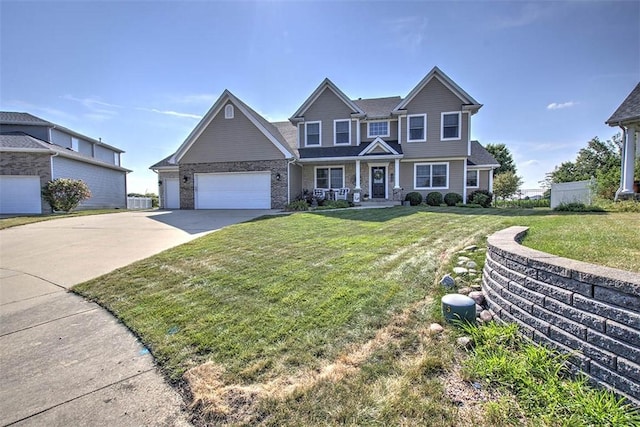 1008 Schroll Dr, Forsyth, IL 62535 - view of front of home featuring concrete driveway, a front yard, a garage, and covered porch