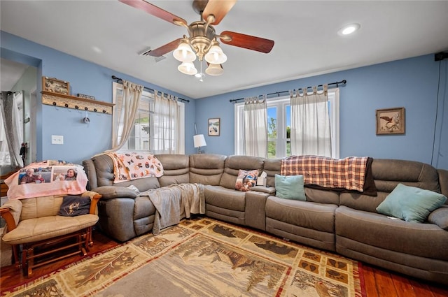 22417 N 1320th St, Marshall, IL 62441 - living room with plenty of natural light, a ceiling fan, wood finished floors, and recessed lighting