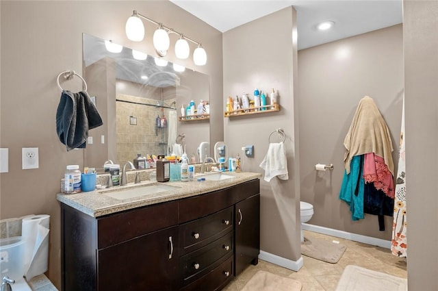 22417 N 1320th St, Marshall, IL 62441 - bathroom with a shower stall, toilet, double vanity, tile patterned flooring, and baseboards