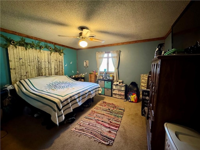 carpeted bedroom with ornamental molding, ceiling fan, and a textured ceiling