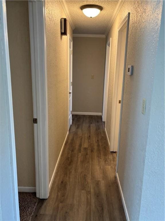 905 W Evergreen Ave, Effingham, IL 62401 - hallway featuring ornamental molding, a textured wall, dark wood-style floors, and a textured ceiling