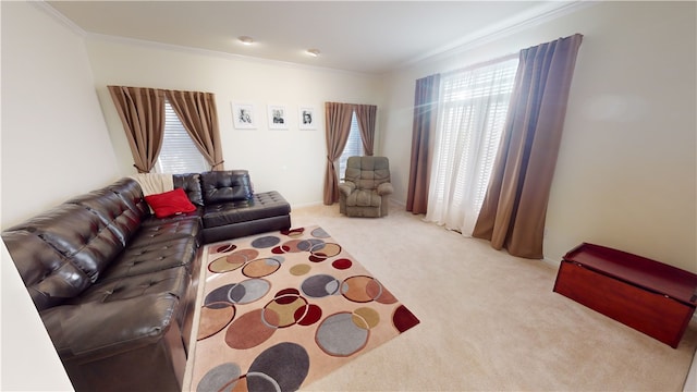 living room featuring crown molding, plenty of natural light, and light carpet