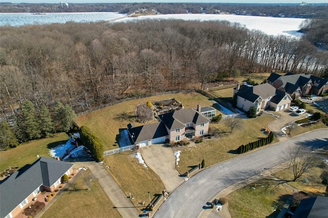 aerial view featuring a water view