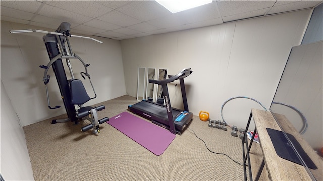 exercise area with carpet and a drop ceiling