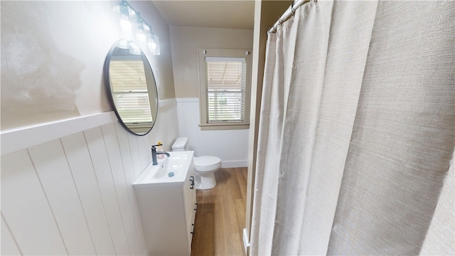 104 E N St, Ridgefarm, IL 61870 - bathroom with wood finished floors, vanity, wainscoting, and a shower with curtain