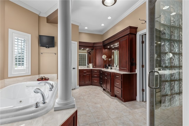 bathroom featuring vanity, tile patterned floors, crown molding, independent shower and bath, and decorative columns