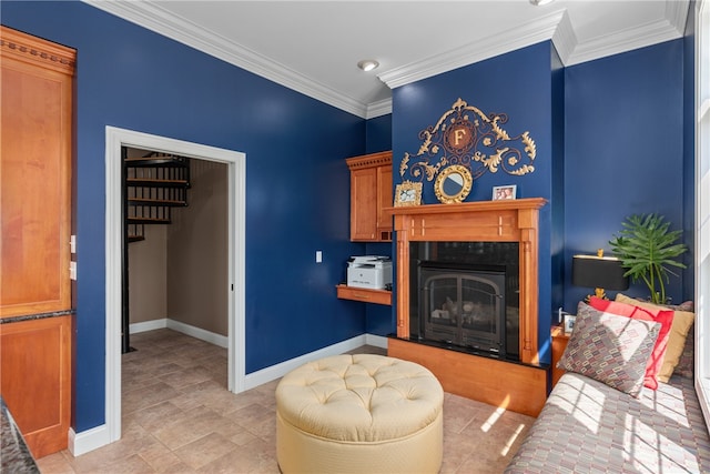 living room with ornamental molding and a premium fireplace