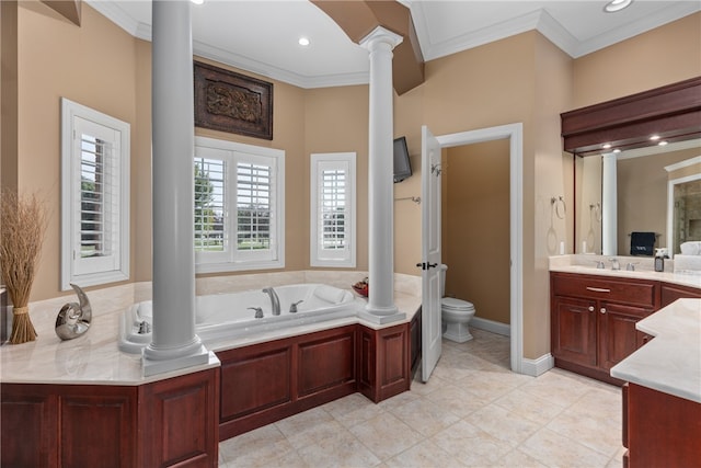 bathroom with a tub, ornate columns, crown molding, toilet, and vanity