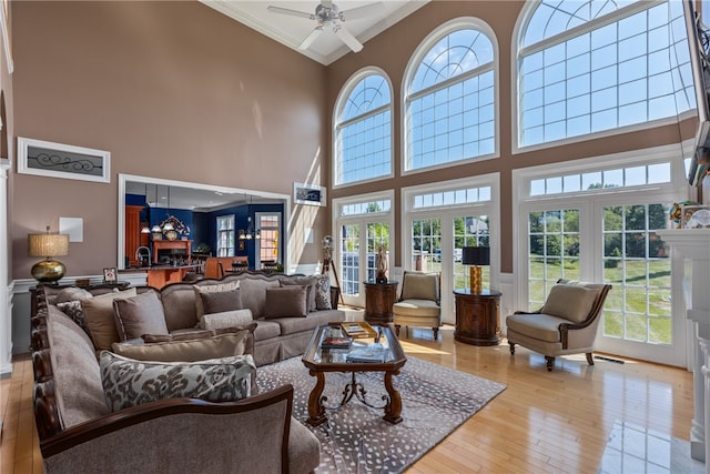 living room with french doors, a towering ceiling, a healthy amount of sunlight, and light hardwood / wood-style floors