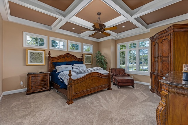 carpeted bedroom with beamed ceiling, ceiling fan, and coffered ceiling