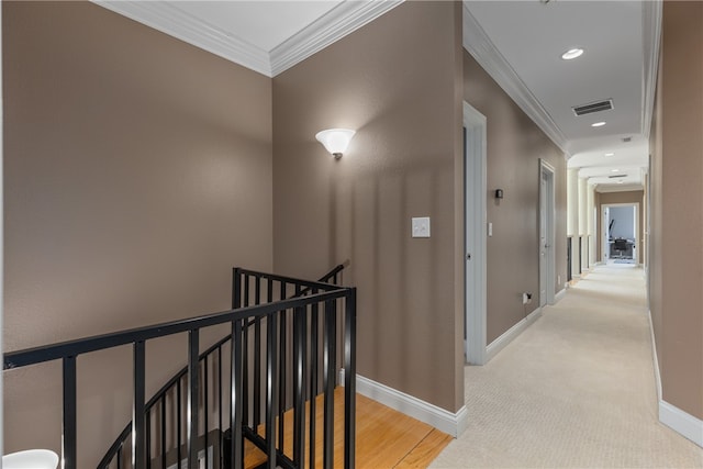 hall featuring light colored carpet and ornamental molding