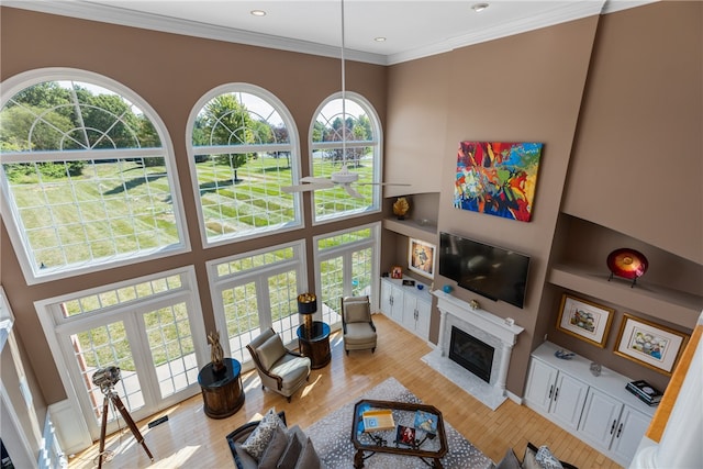 living room with plenty of natural light, light hardwood / wood-style floors, and french doors