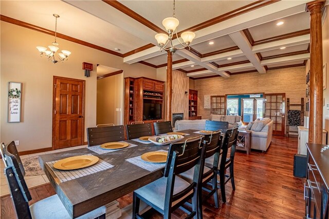 dining area with an inviting chandelier, beam ceiling, coffered ceiling, baseboards, and hardwood / wood-style flooring