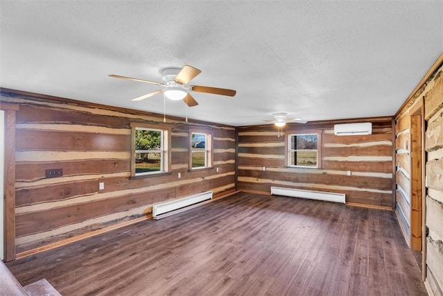 unfurnished living room with a wall mounted AC, wooden walls, a baseboard radiator, and dark hardwood / wood-style floors