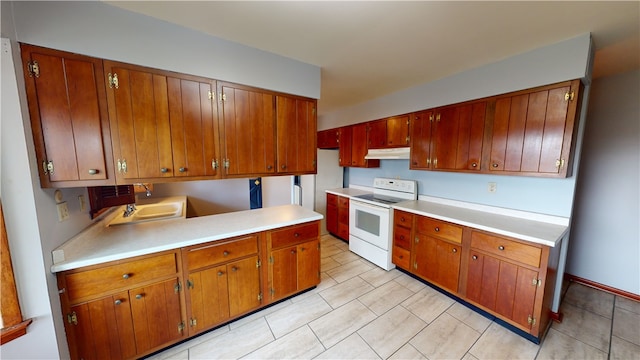 kitchen featuring white range with electric stovetop, kitchen peninsula, and sink