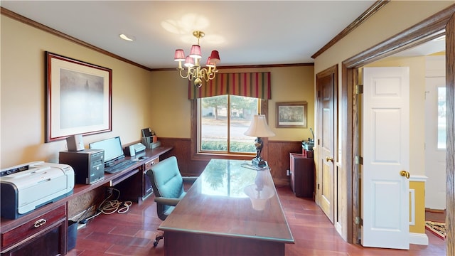 office area with crown molding, wainscoting, dark wood finished floors, and an inviting chandelier